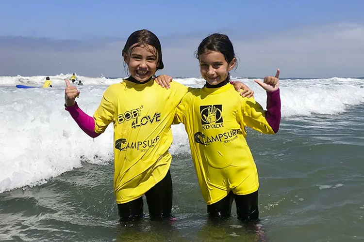 two girls at surf camp in Manhattan Beach CA